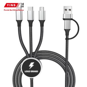 Custom Logo Promotional Gifts Set Nylon Braided 3 in 2 Dual Input Usb Type C Cable 1.2 M With Led Logo Fast Charging Cable